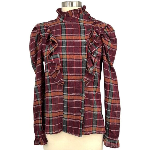 MNG Mango Size 6 Frill Blouse Burgundy Plaid High Neck Button Up Long Sleeve - Picture 1 of 9